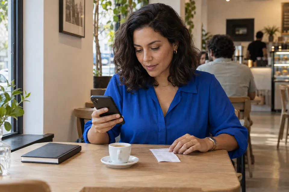 Colaboradora usando o celular em um café, com o comprovante sobre a mesa.