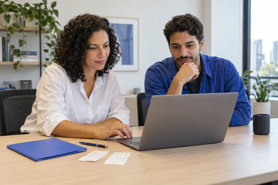 Duas pessoas do financeiro revisando informações juntas no notebook.